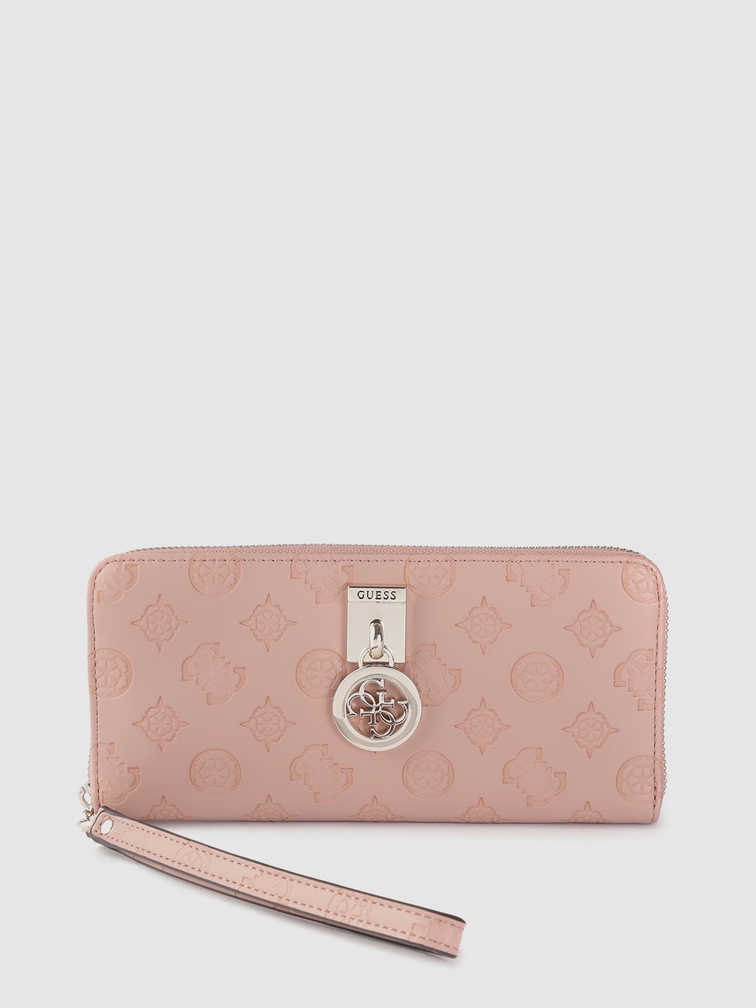 

GUESS Women Peach-Coloured Brand Logo Textured Zip Around Wallet