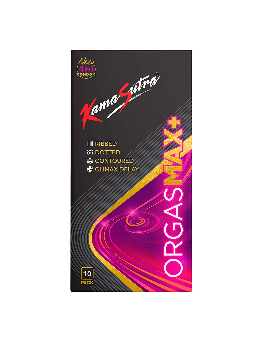 

KamaSutra 4 In 1 Orgasmax+ Ribbed Dotted Contoured & Climax Delay Condoms 10 Pcs, Black