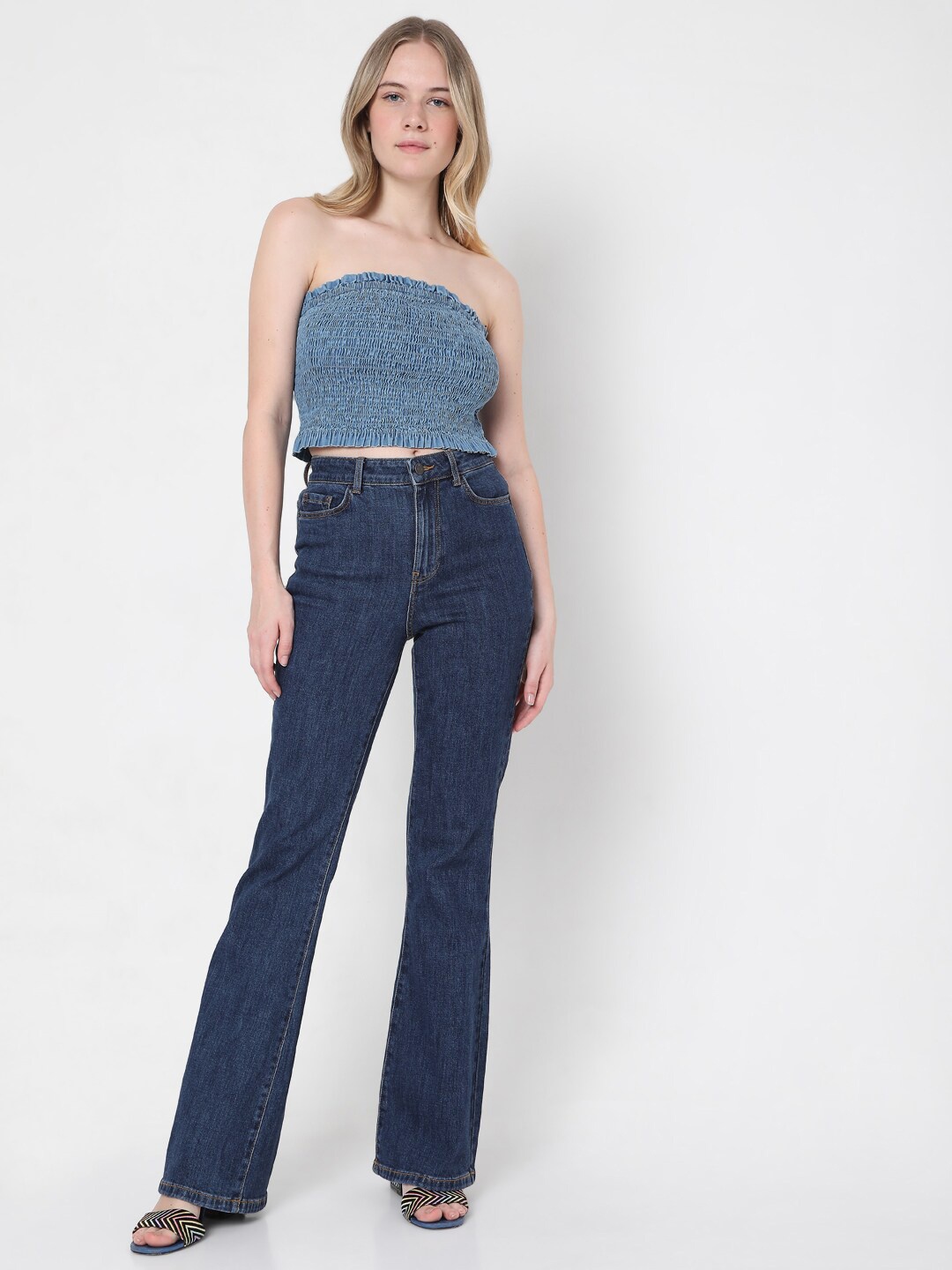 

Vero Moda Blue Ruffles Smocked Tube Crop Top