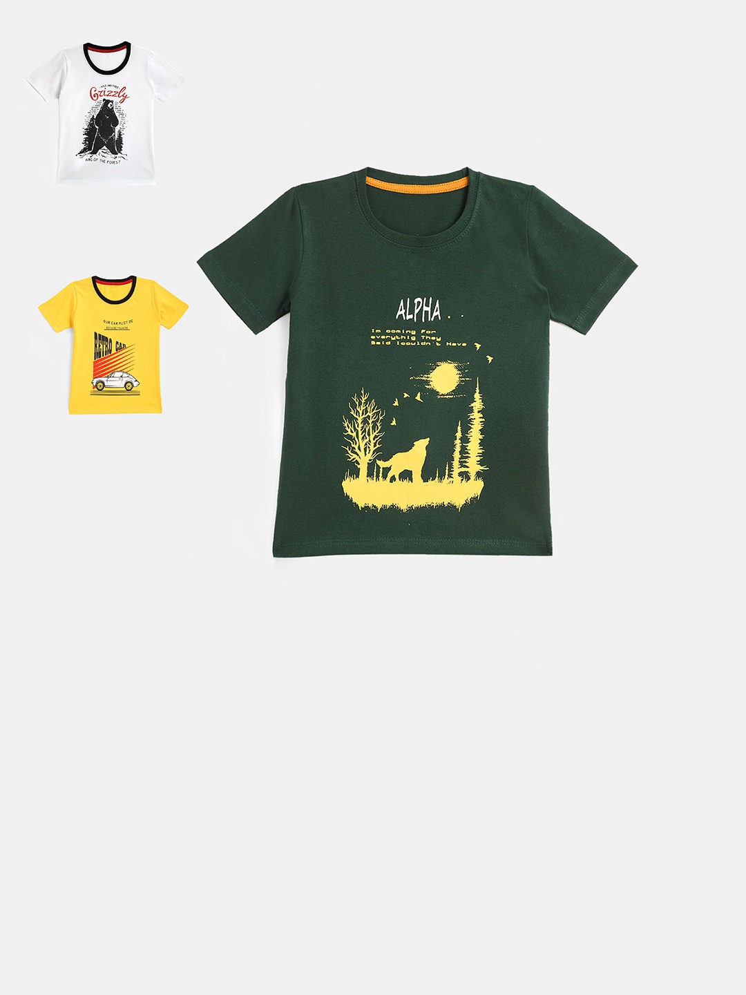 

YK Boys Pack of 3 Green & White Typography Printed Applique T-shirt