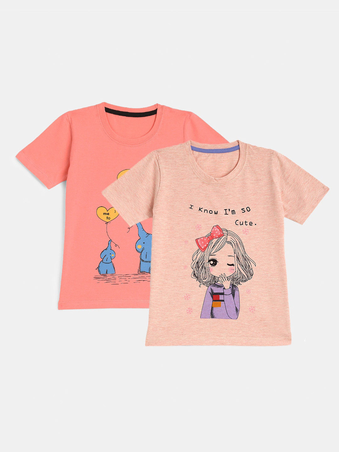 

YK Girls Pack-2 Peach-Coloured Typography Printed T-shirt