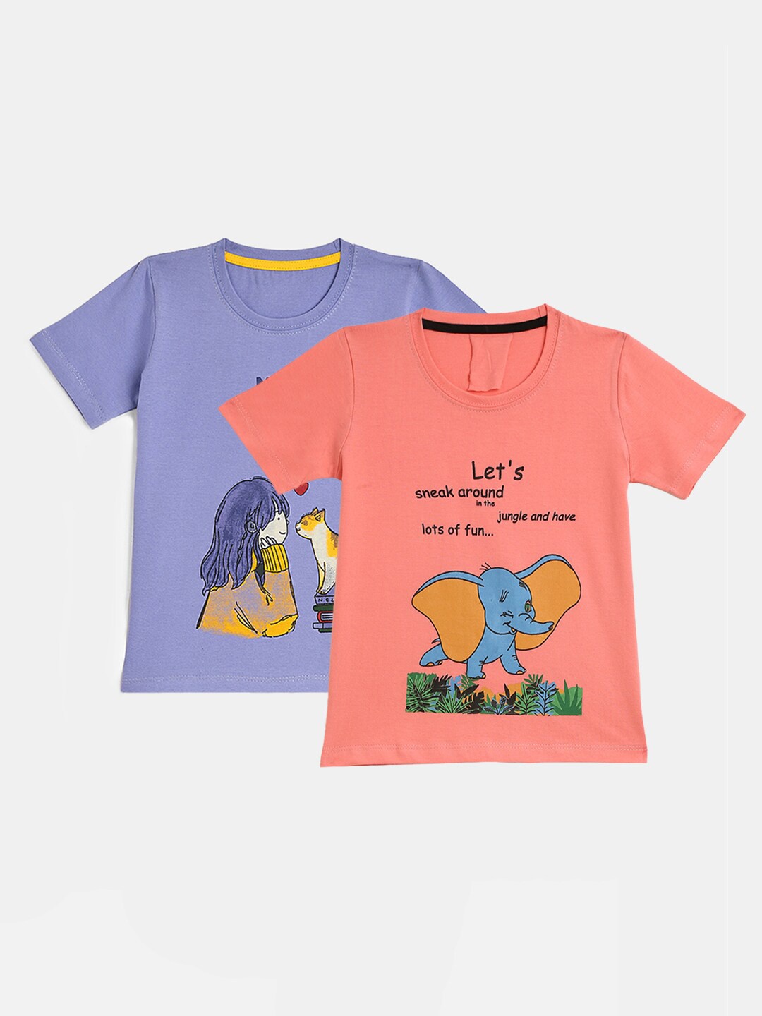 

YK Girls Pack of 2 Purple & Peach-Coloured Printed T-shirt