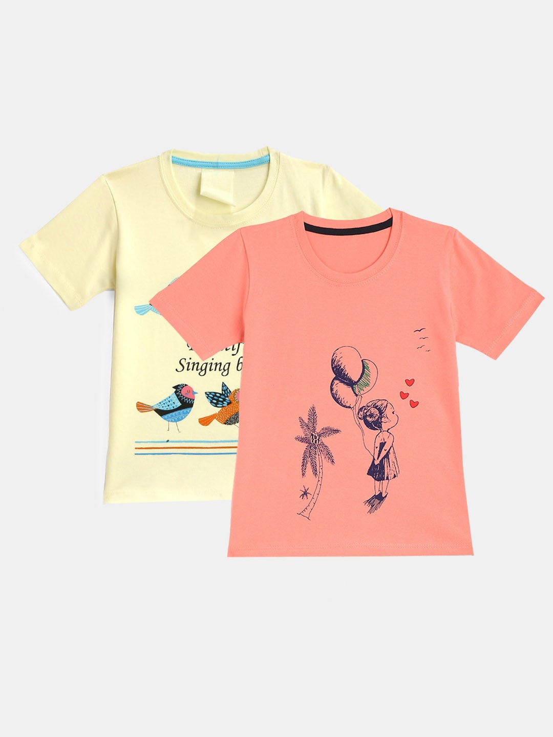 

YK Girls Pack of 2 Yellow & Peach-Coloured Printed T-shirt