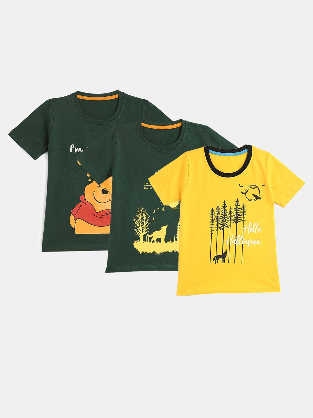 

YK Boys Pack of 3 Green & Yellow Cotton Printed T-shirt