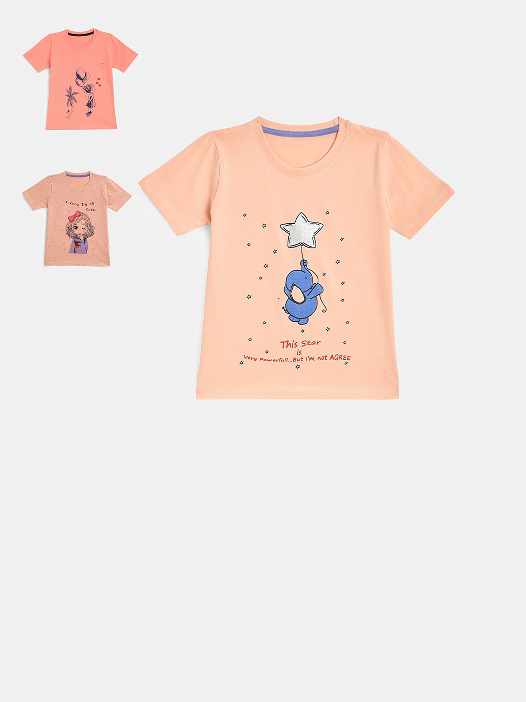 

YK Girls Pack of 3 Typography Printed Cotton T-shirt, Peach
