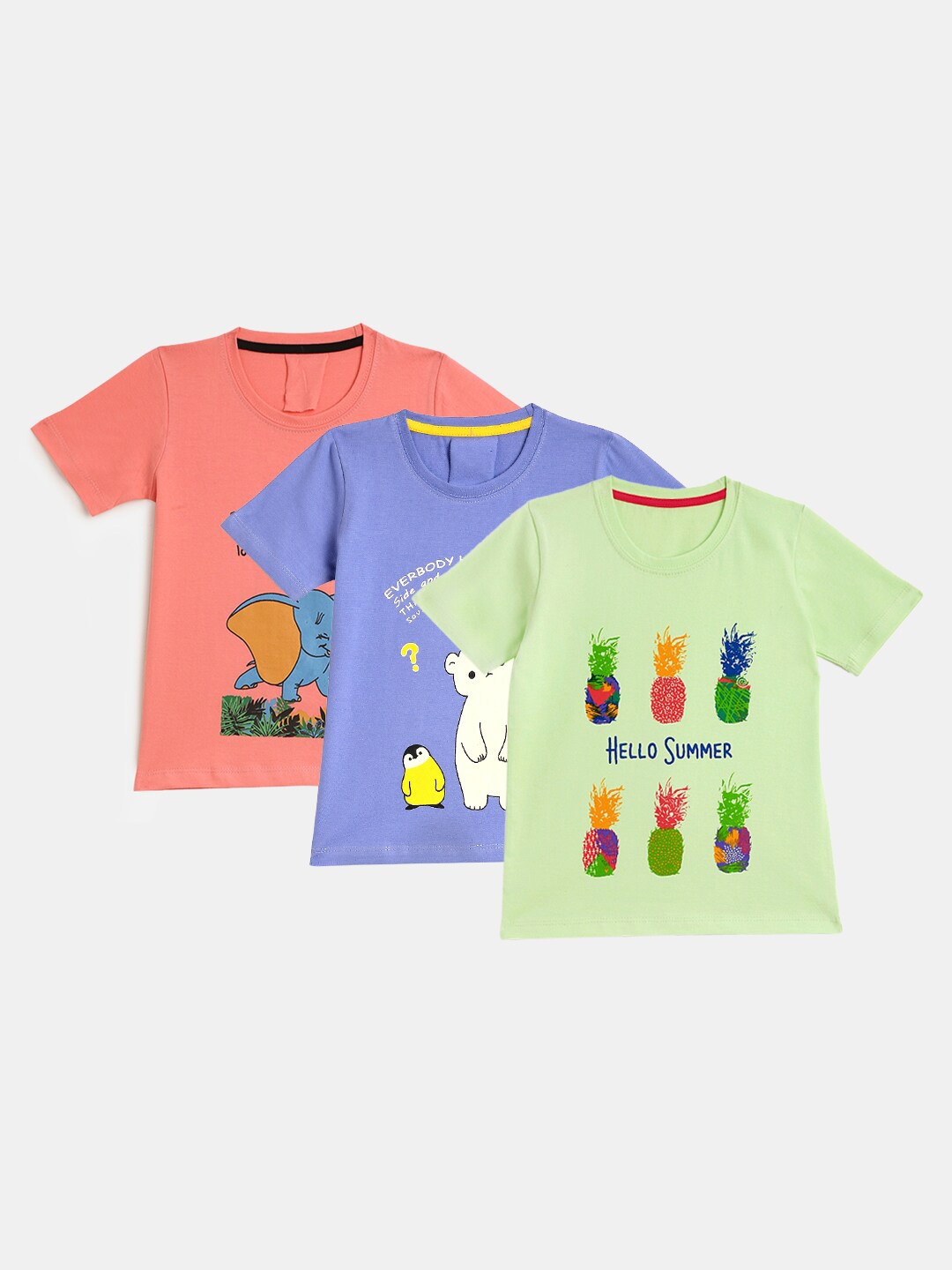 

YK Girls Purple Peach & Green Pack Of 3 Graphic Printed T-shirt
