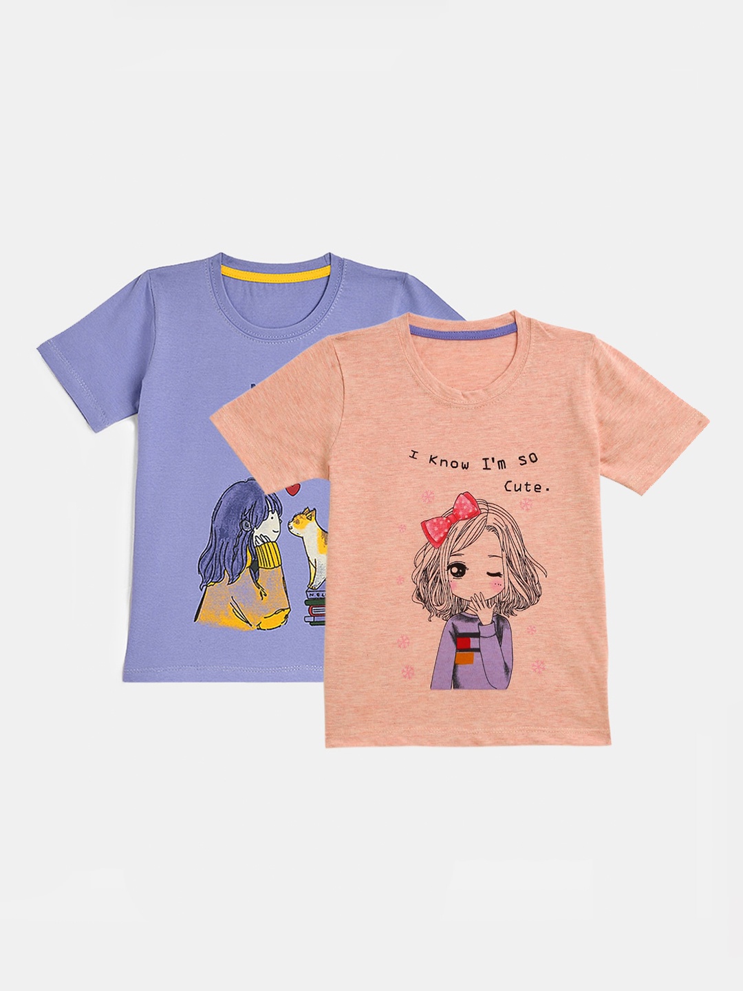 

YK Girls Pack Of 2 Peach & Purple Printed T-shirts