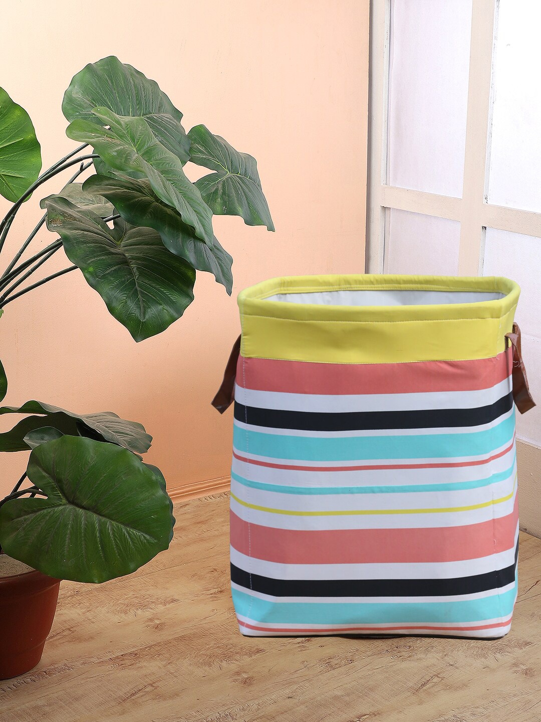 

My Gift Booth Yellow & Pink Striped Waterproof Laundry Bag