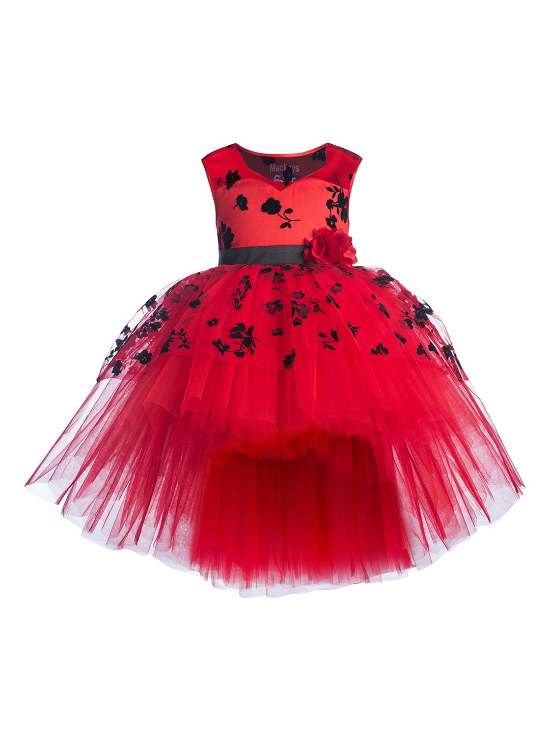 

Toy Balloon kids Girls Red Floral Layered Net Dress