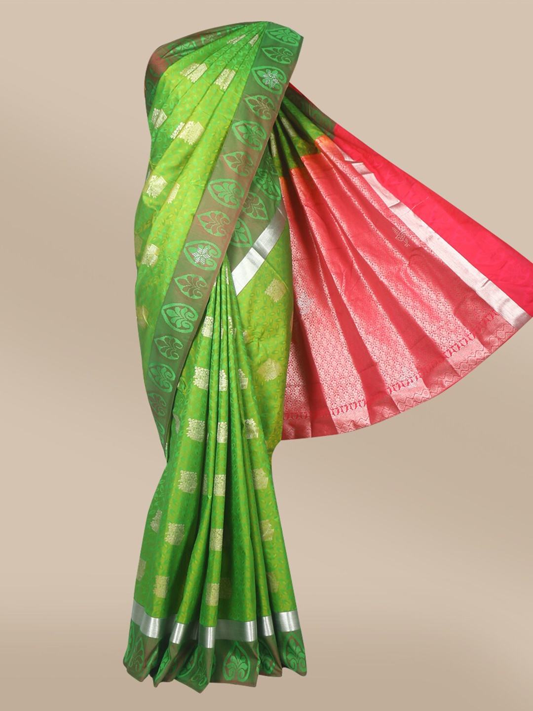 

The Chennai Silks Green & Red Ethnic Motifs Zari Art Silk Saree