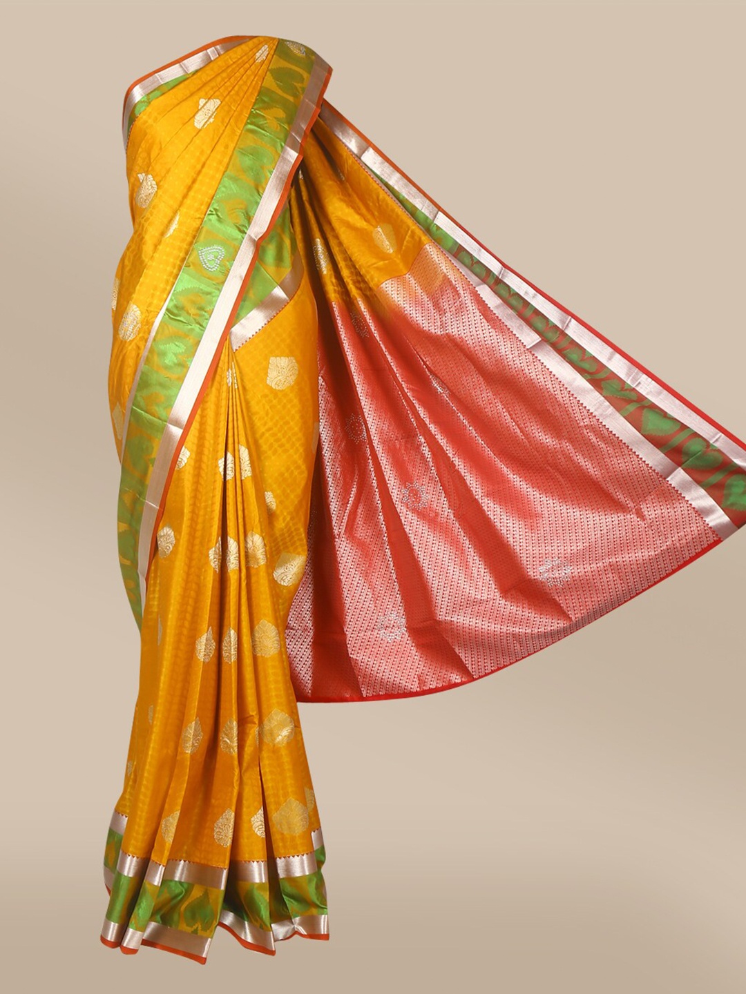 

The Chennai Silks Mustard & Green Ethnic Motifs Zari Art Silk Saree