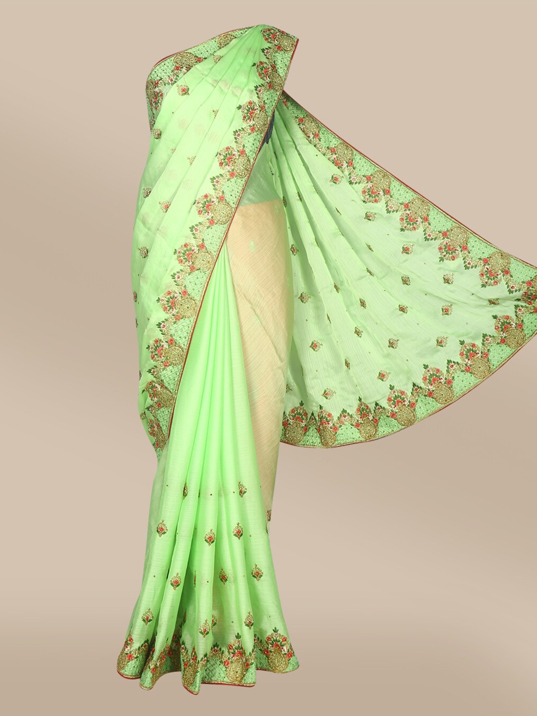 

The Chennai Silks Green & Red Ethnic Motifs Beads and Stones Saree