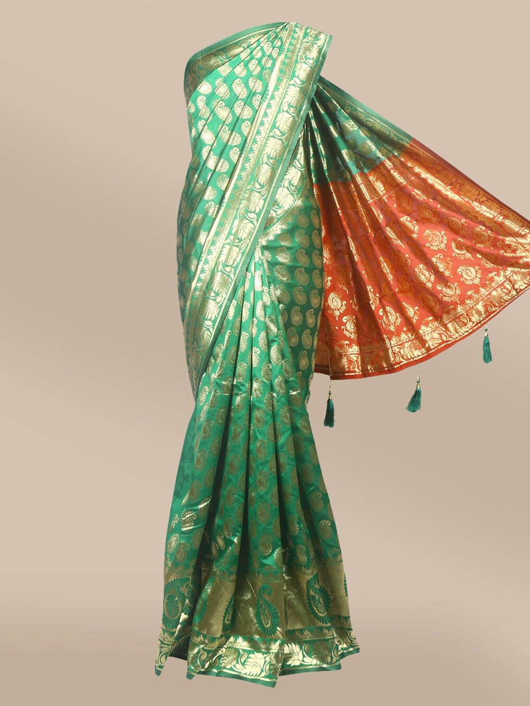 

The Chennai Silks Green & Gold-Toned Paisley Zari Art Silk Banarasi Saree