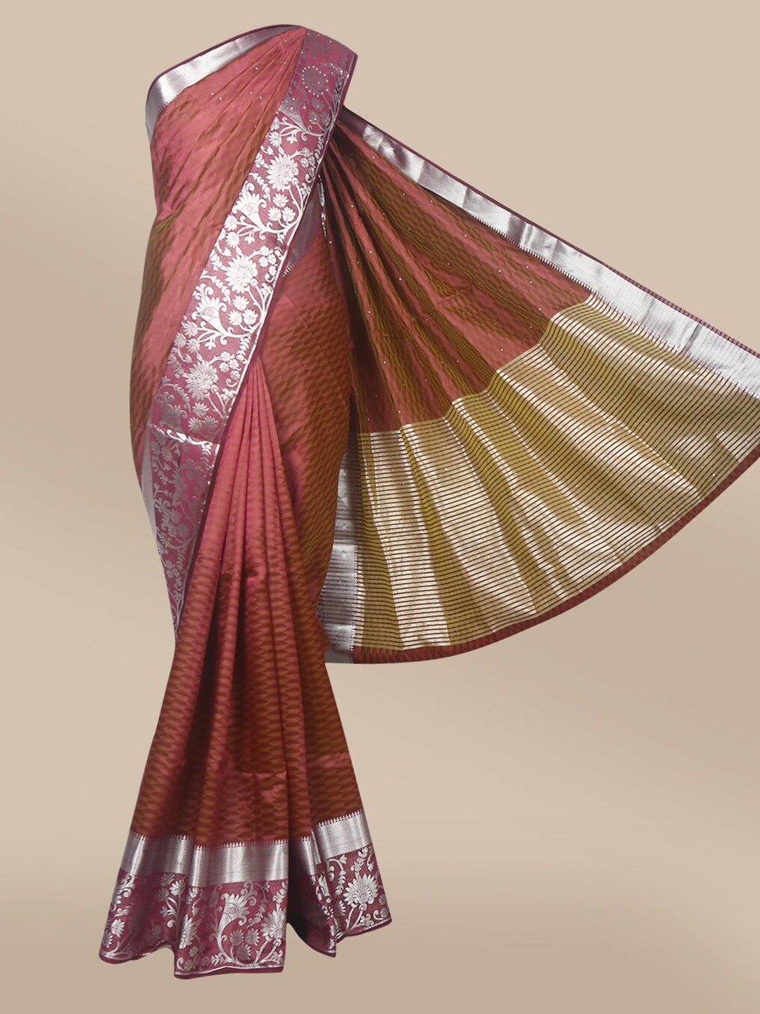 

The Chennai Silks Purple & Silver-Toned Woven Design Zari Jute Cotton Fusion Saree