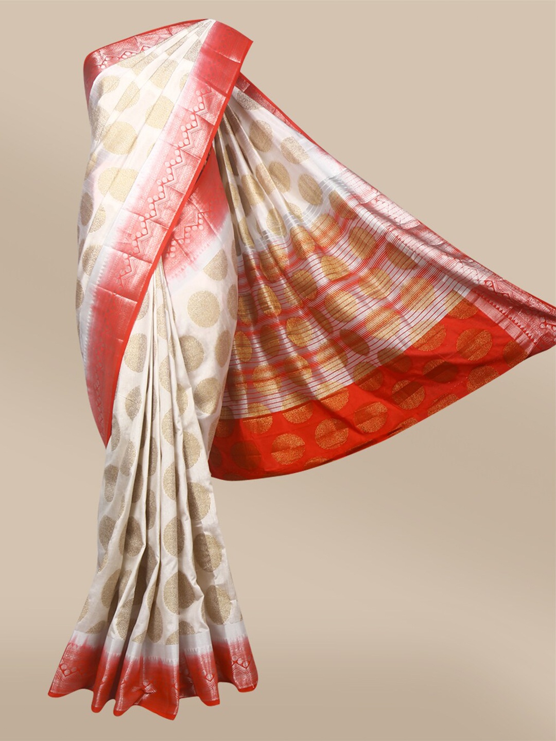 

The Chennai Silks Off White & Red Ethnic Motifs Jute Cotton Saree