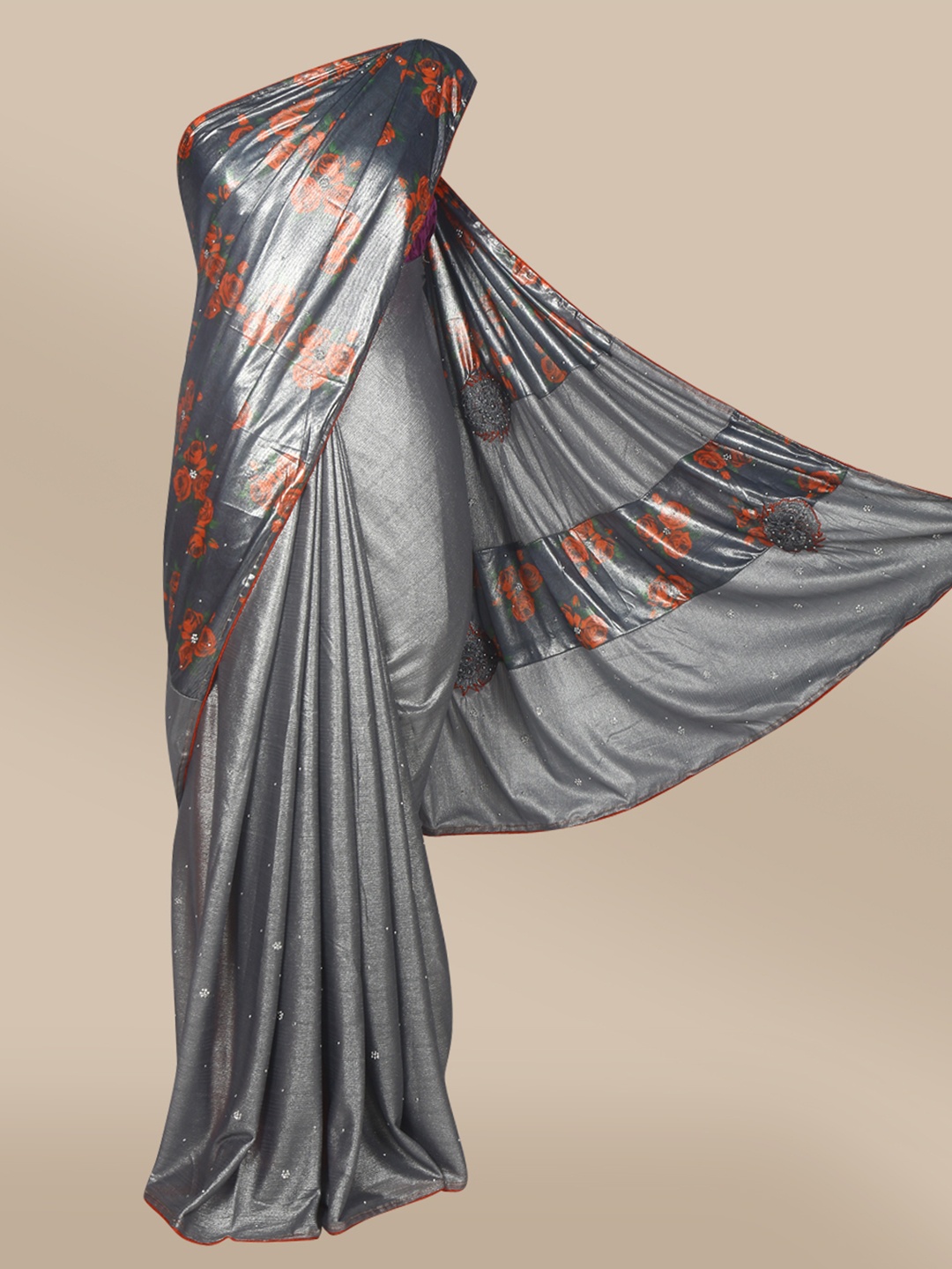 

The Chennai Silks Grey & Orange Floral Printed Beads and Stones Fusion Saree