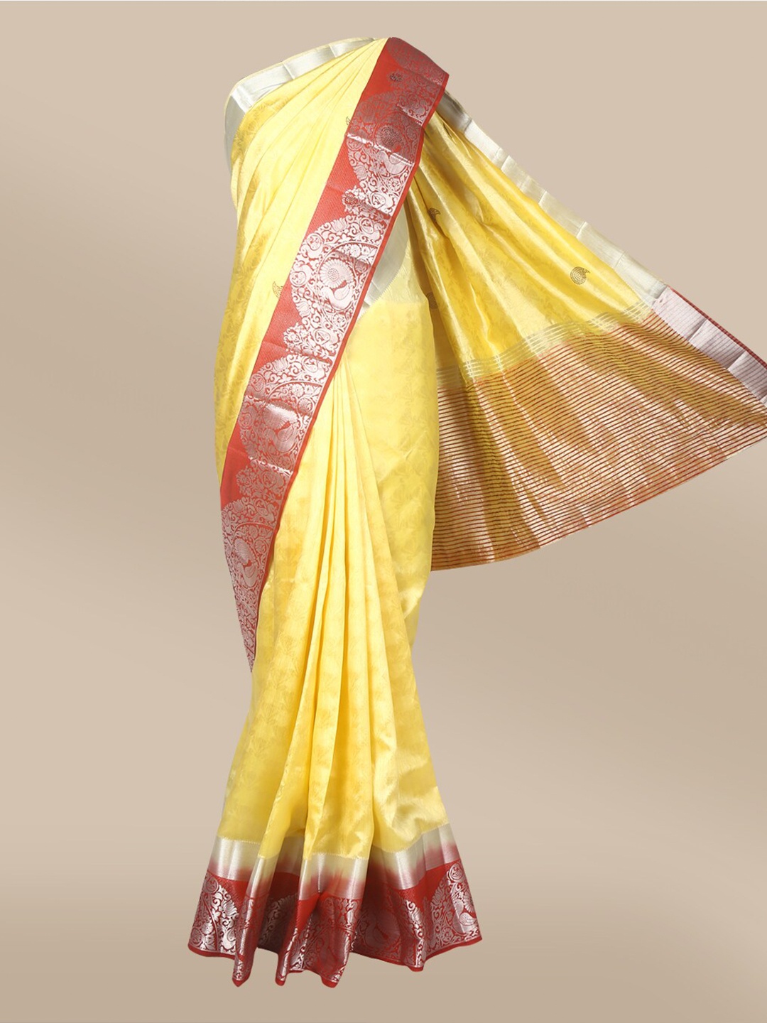 

The Chennai Silks Yellow & Red Ethnic Motifs Zari Jute Cotton Saree