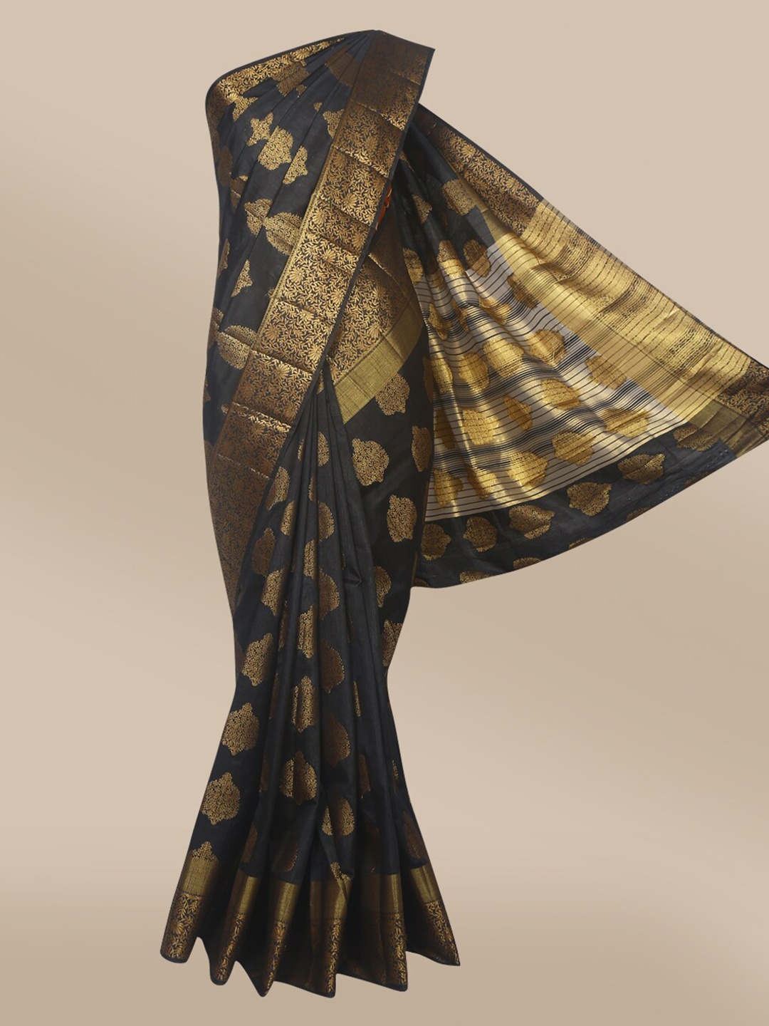 

The Chennai Silks Black & Gold-Toned Woven Design Zari Jute Cotton Fusion Saree