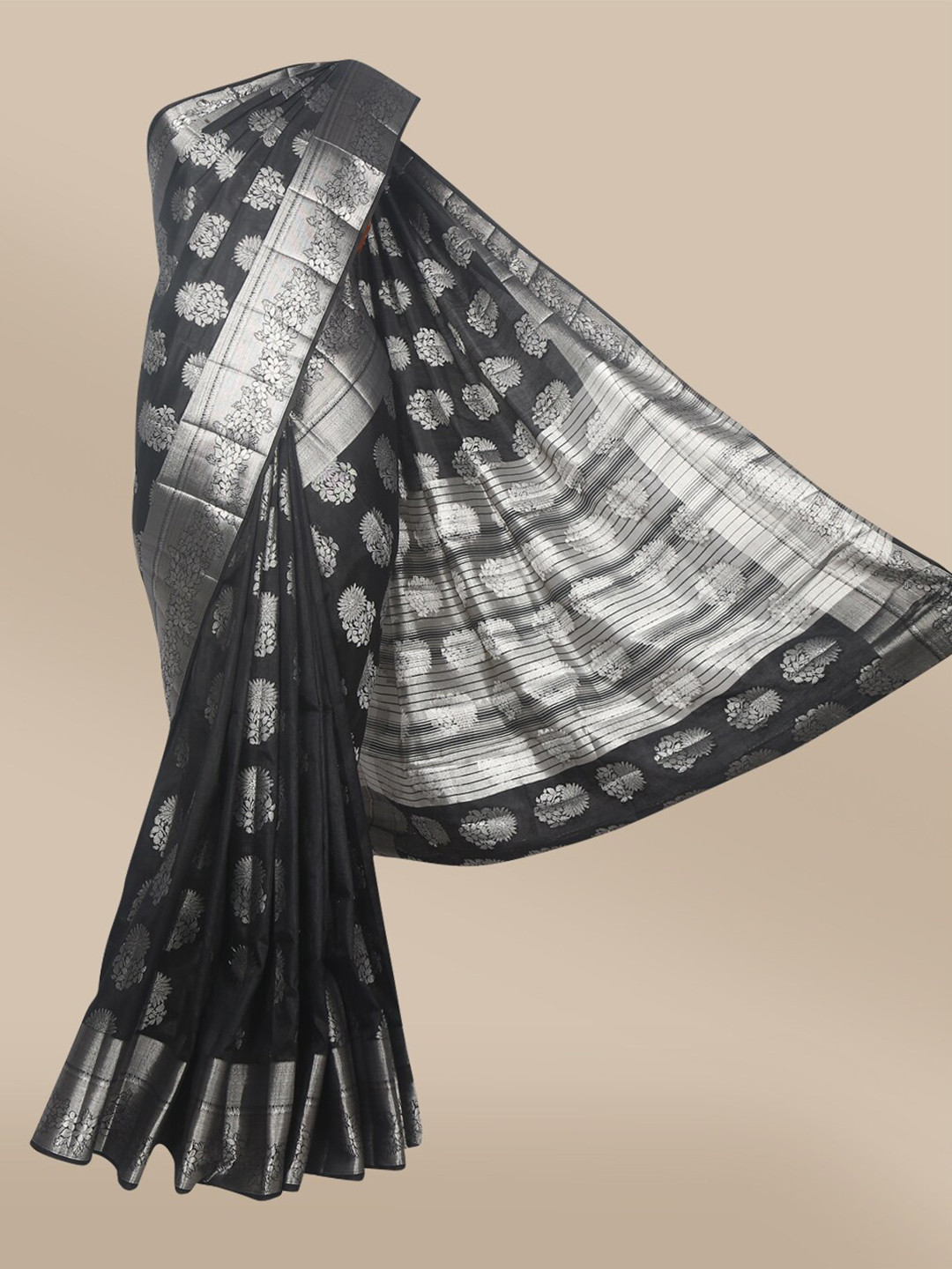 

The Chennai Silks Black & Silver-Toned Floral Zari Jute Cotton Saree