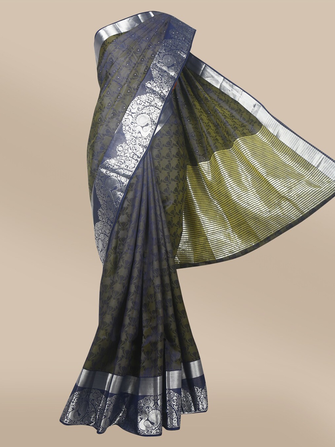 

The Chennai Silks Navy Blue & Silver-Toned Woven Design Zari Jute Cotton Saree
