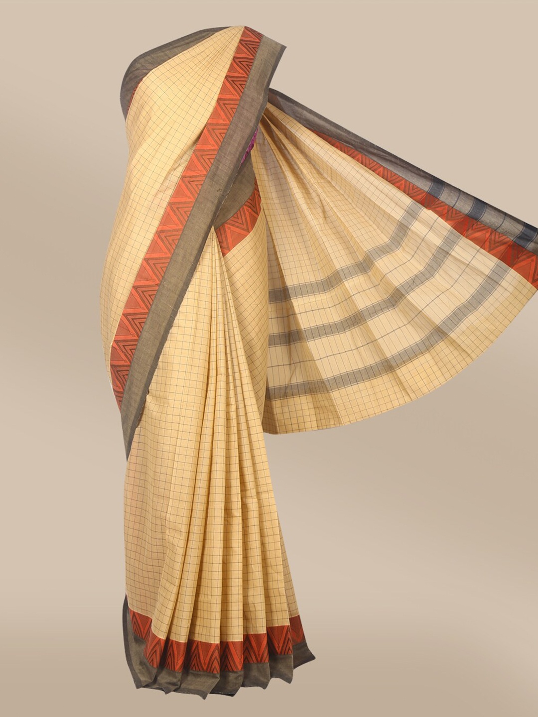 

The Chennai Silks Beige & Orange Checked Pure Cotton Fusion Chettinad Saree