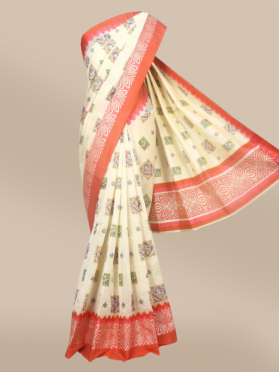 

The Chennai Silks Beige & Red Woven Design Pure Cotton Chanderi Saree