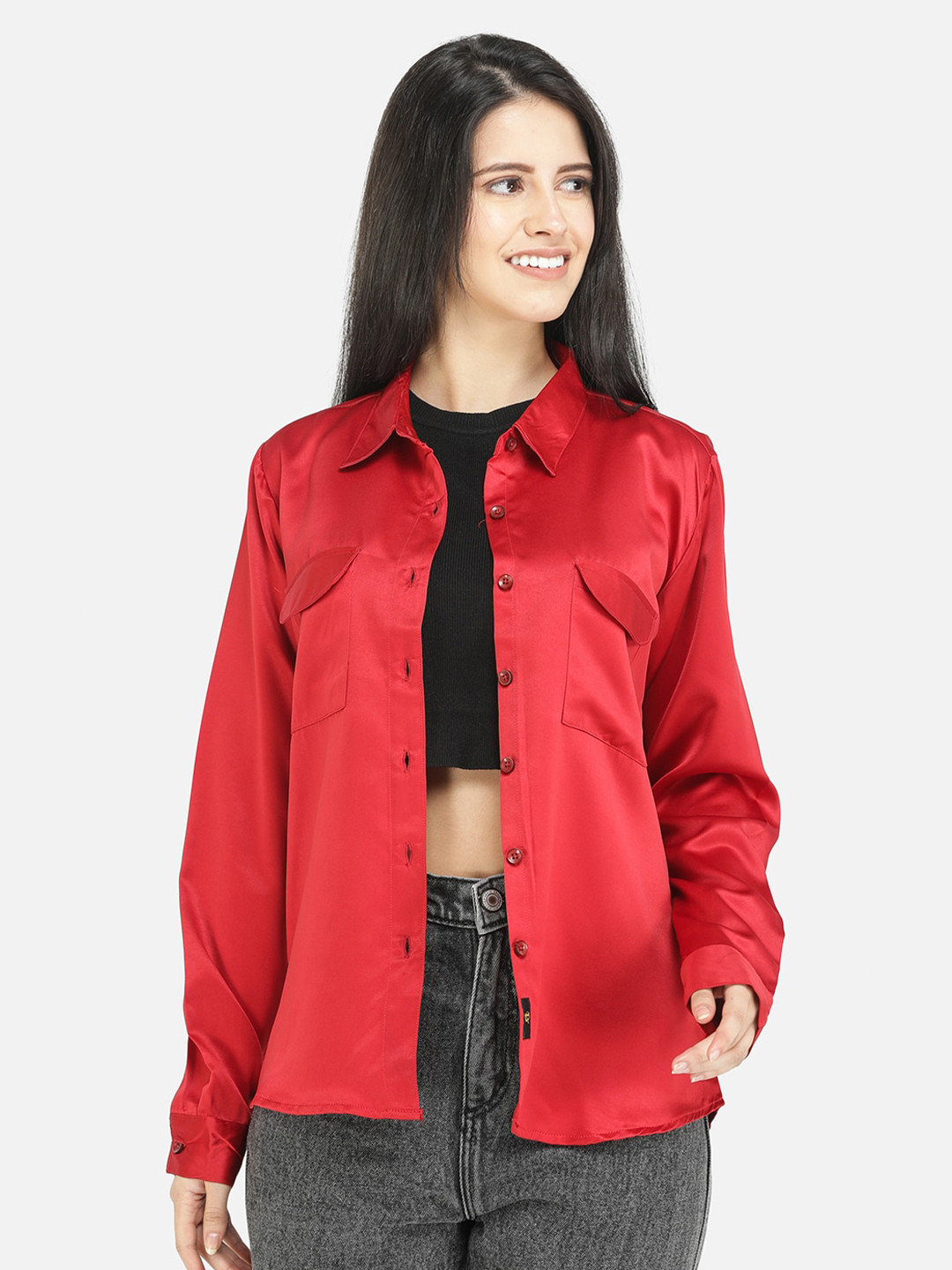 

DECHEN Women Red Relaxed Fit Satin Casual Shirt