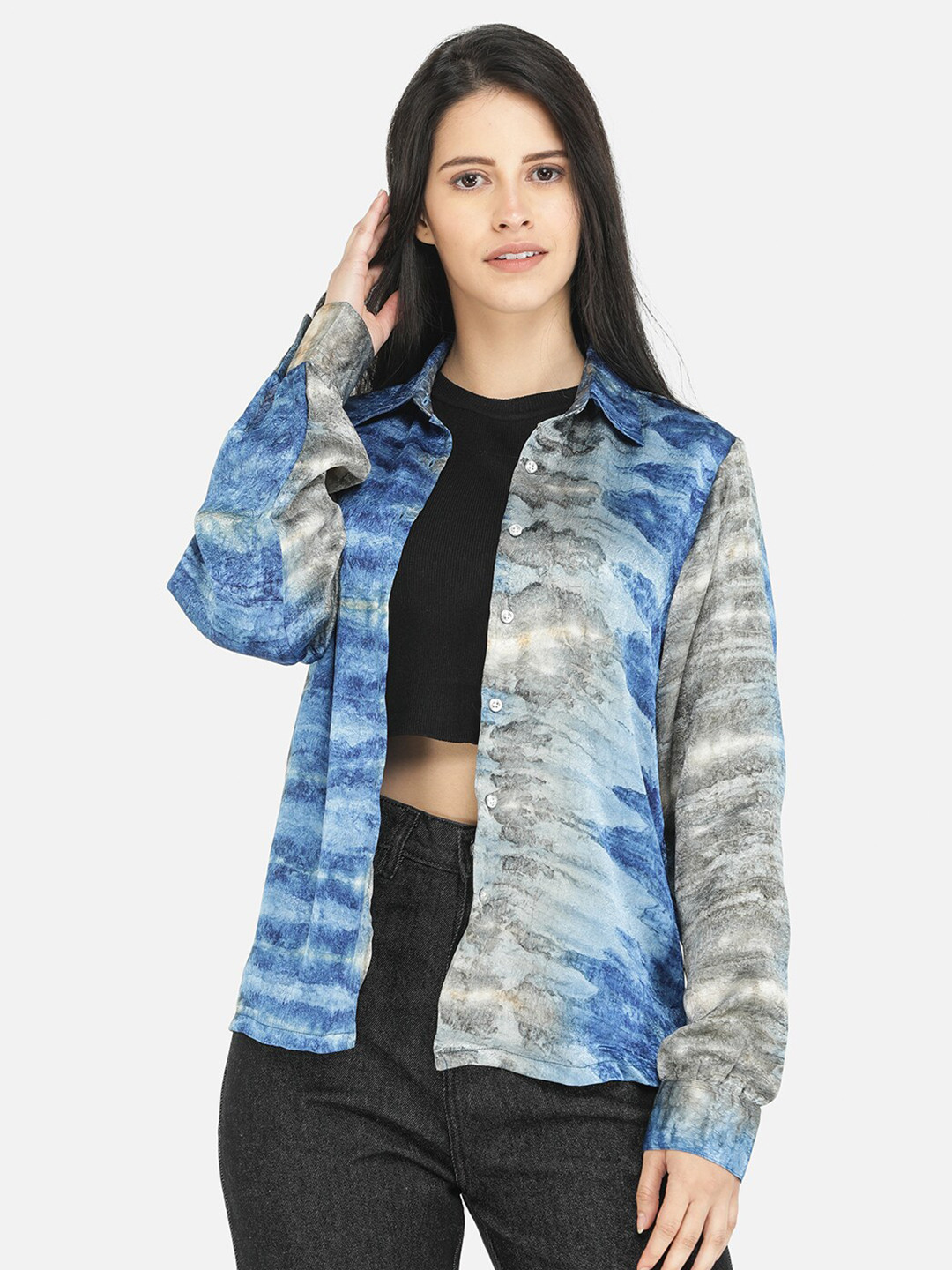 

DECHEN Women Blue & Grey Classic Printed Casual Shirt