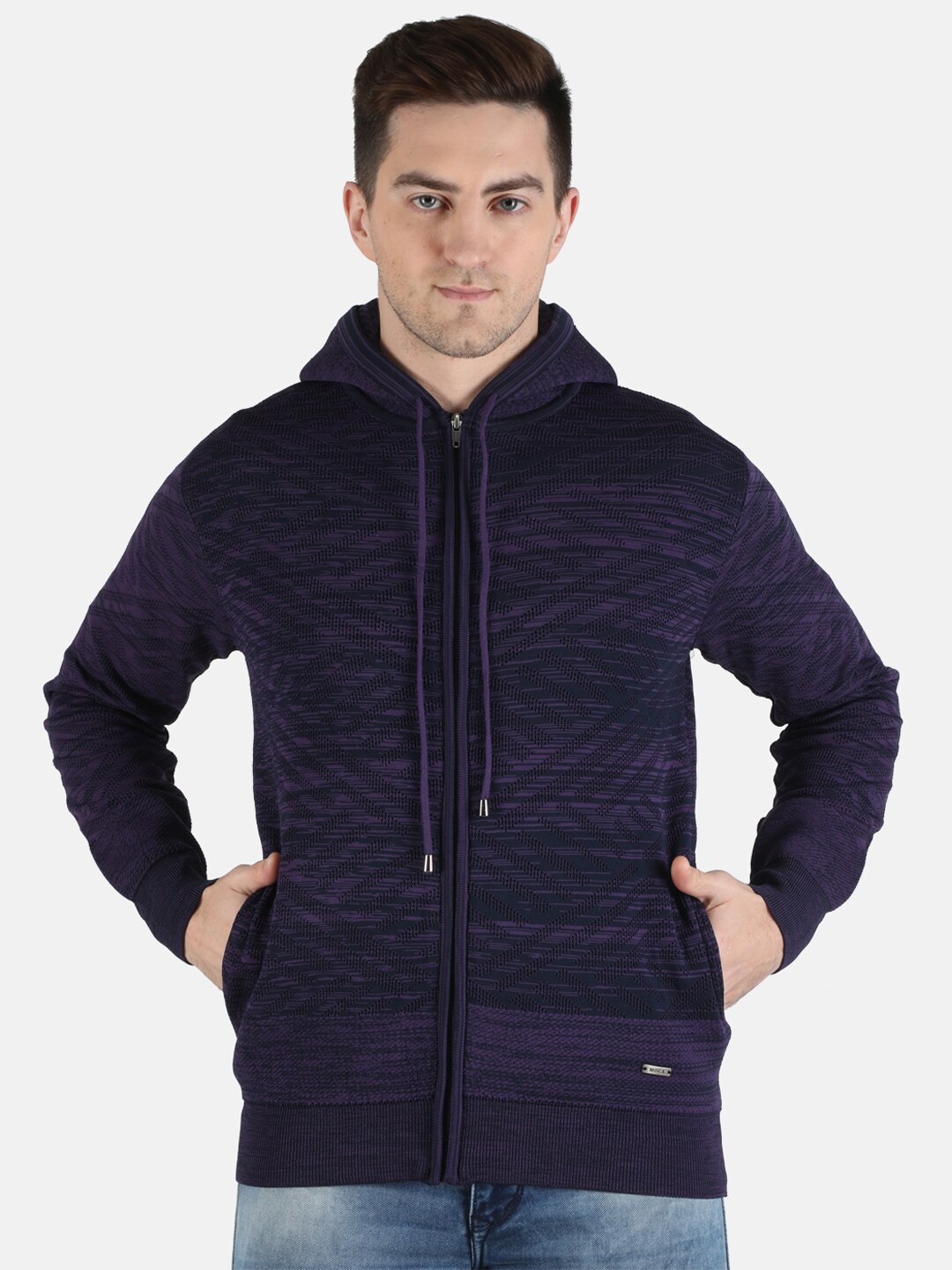 

Monte Carlo Men Violet & Black Printed Hooded Cardigan
