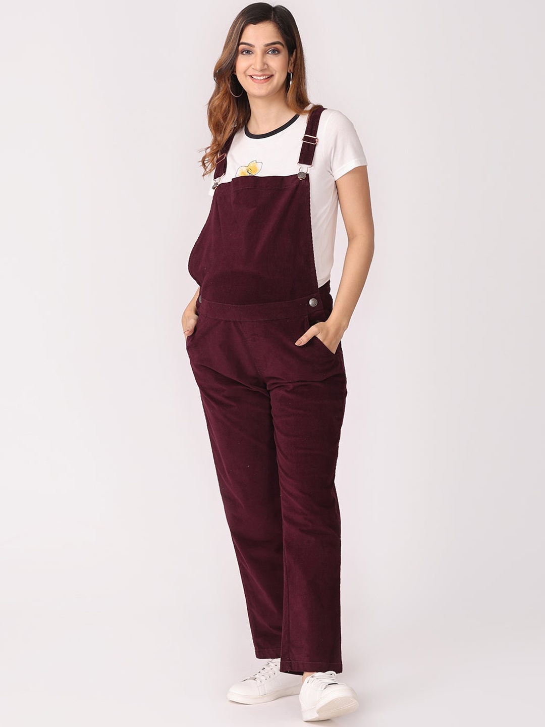 

The Mom Store Women Burgundy Corduroy Maternity Dungaree