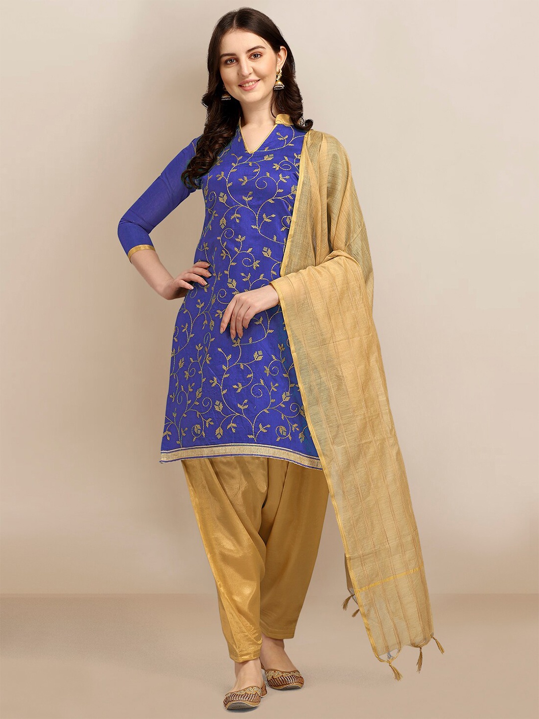 

Ethnic Junction Navy Blue & Gold-Toned Embroidered Unstitched Dress Material