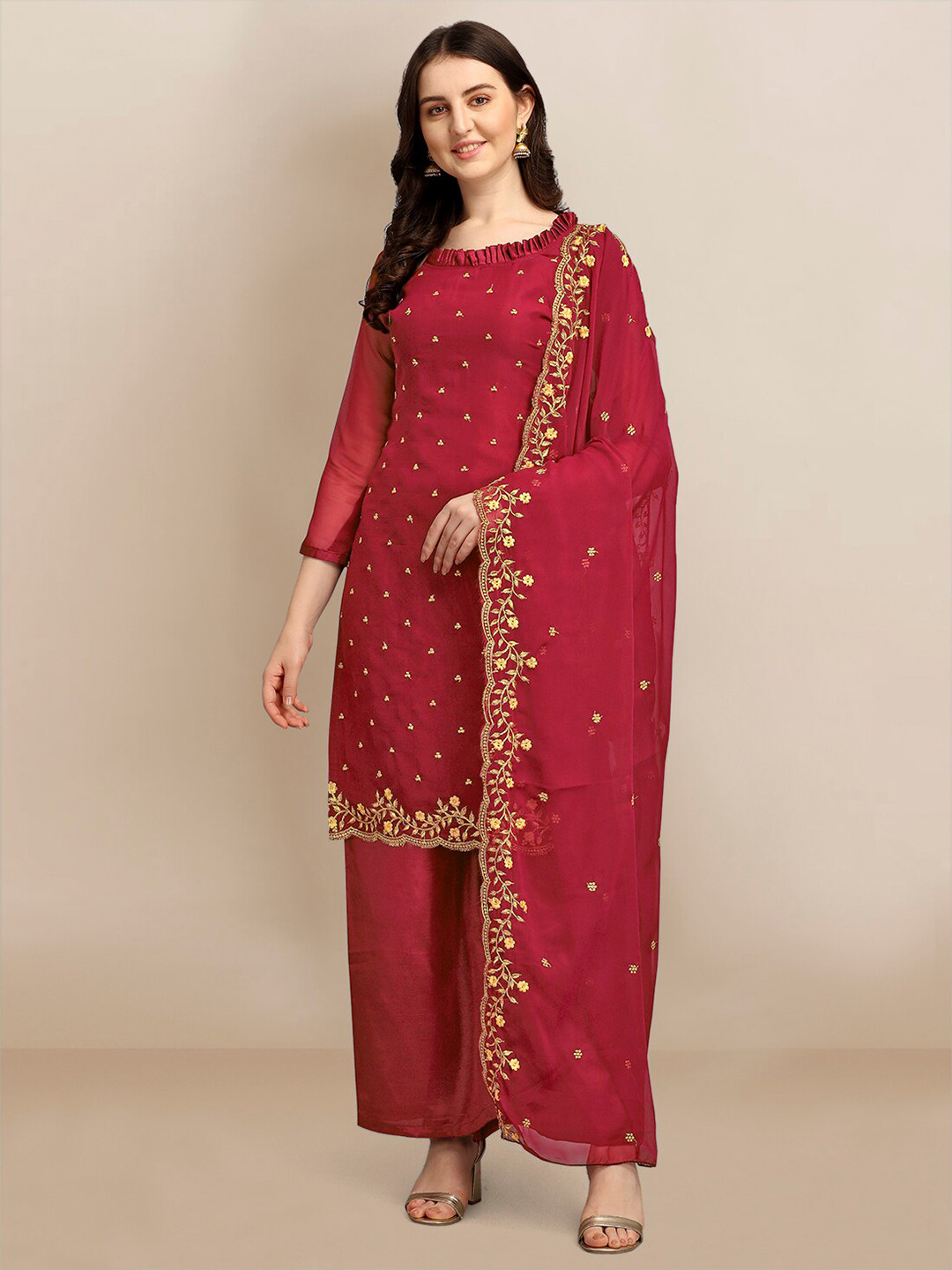 

Ethnic Junction Maroon & Gold-Toned Embroidered Unstitched Dress Material