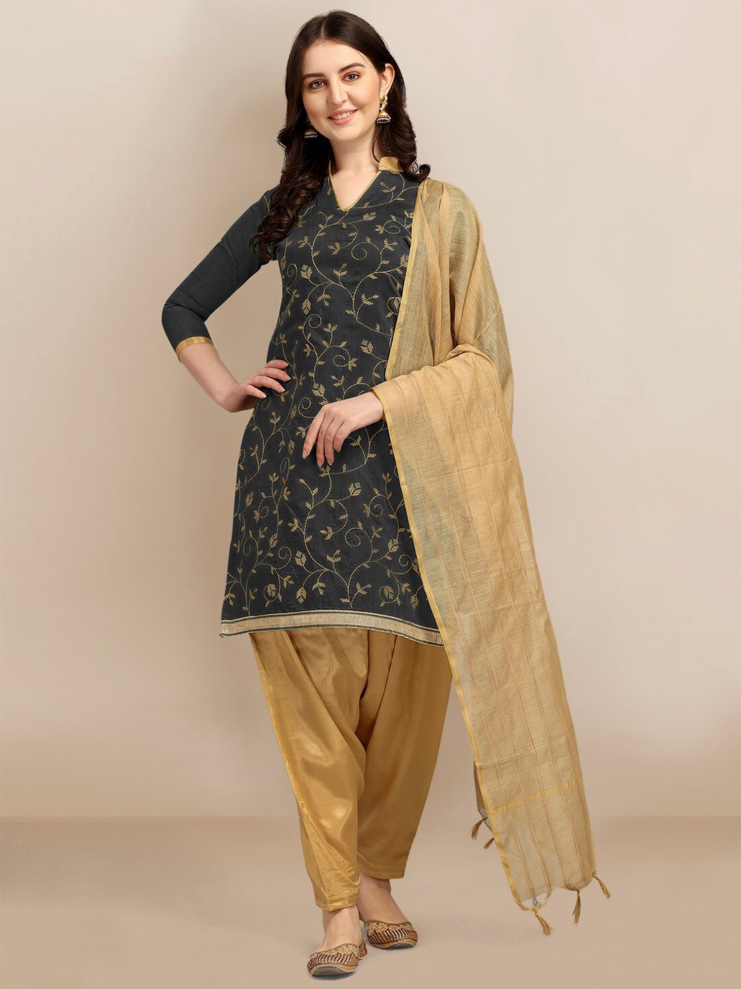 

Ethnic Junction Black & Gold-Toned Embroidered Unstitched Dress Material