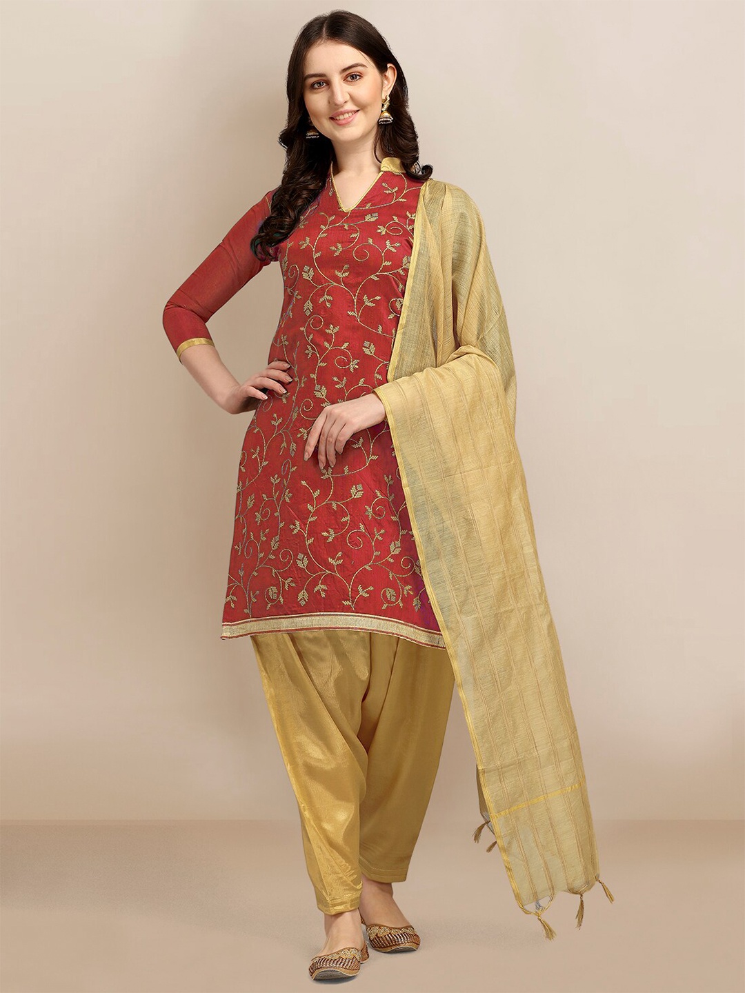 

Ethnic Junction Maroon & Cream-Coloured Embroidered Unstitched Dress Material