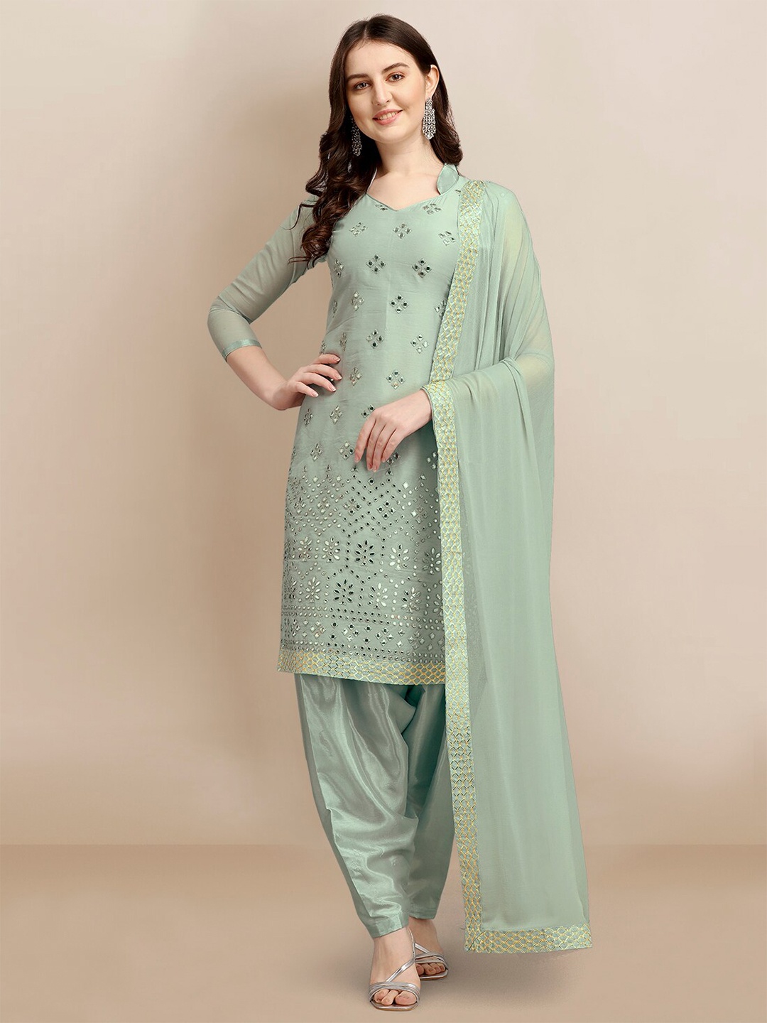 

Ethnic Junction Green & Gold-Toned Embellished Jute Silk Unstitched Dress Material