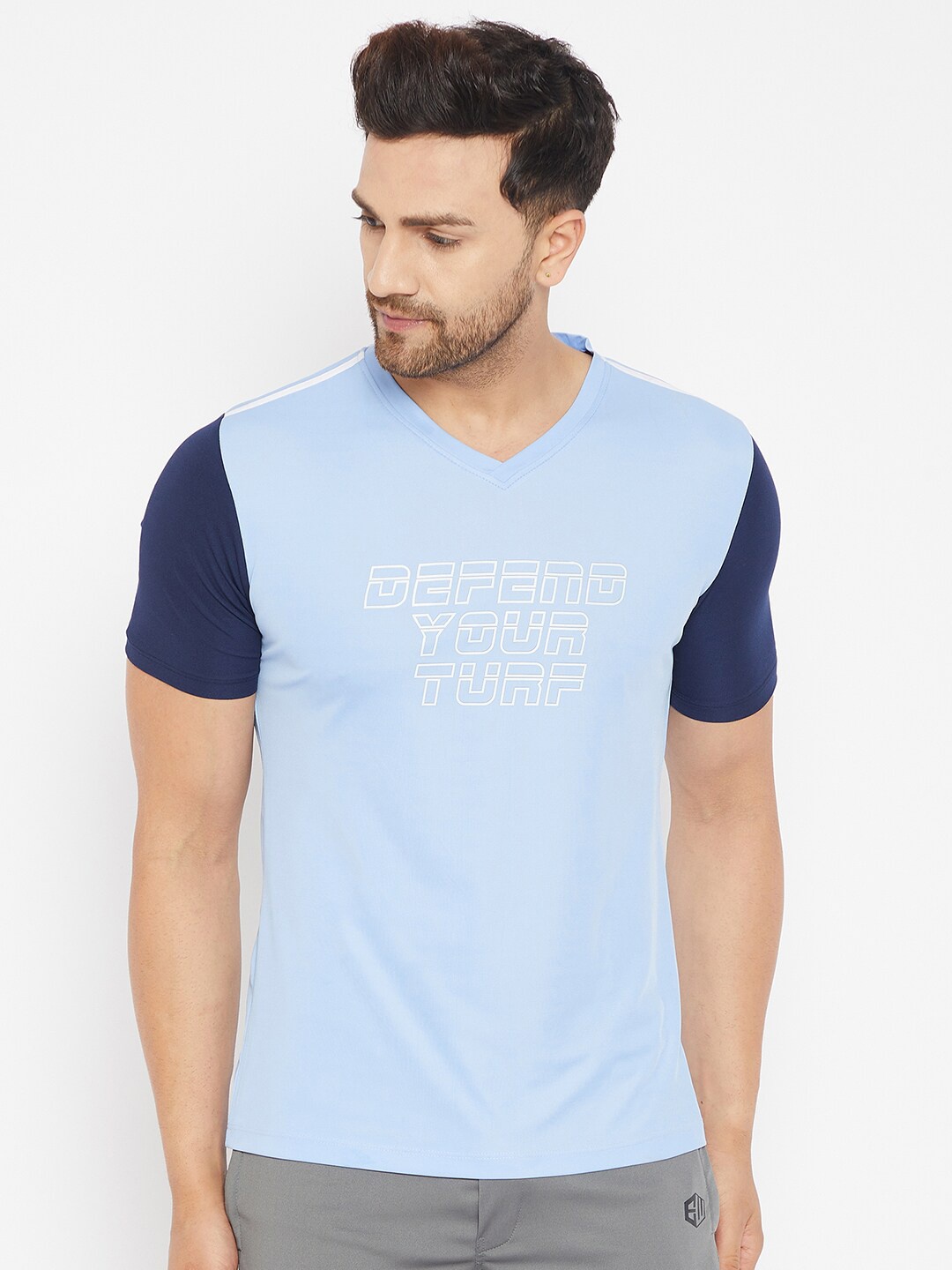 

AUSTIEX Men Blue & White Typography Printed V-Neck Running T-shirt