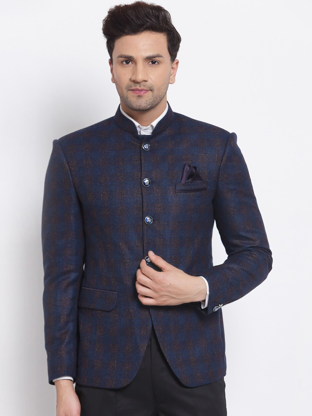 

KLOTTHE Men Navy Blue Checked Single Breasted Blazer