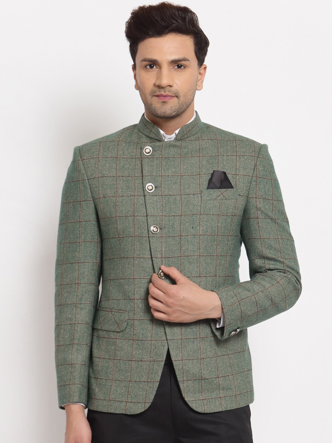 

KLOTTHE Men Green Checked Single-Breasted Blazer