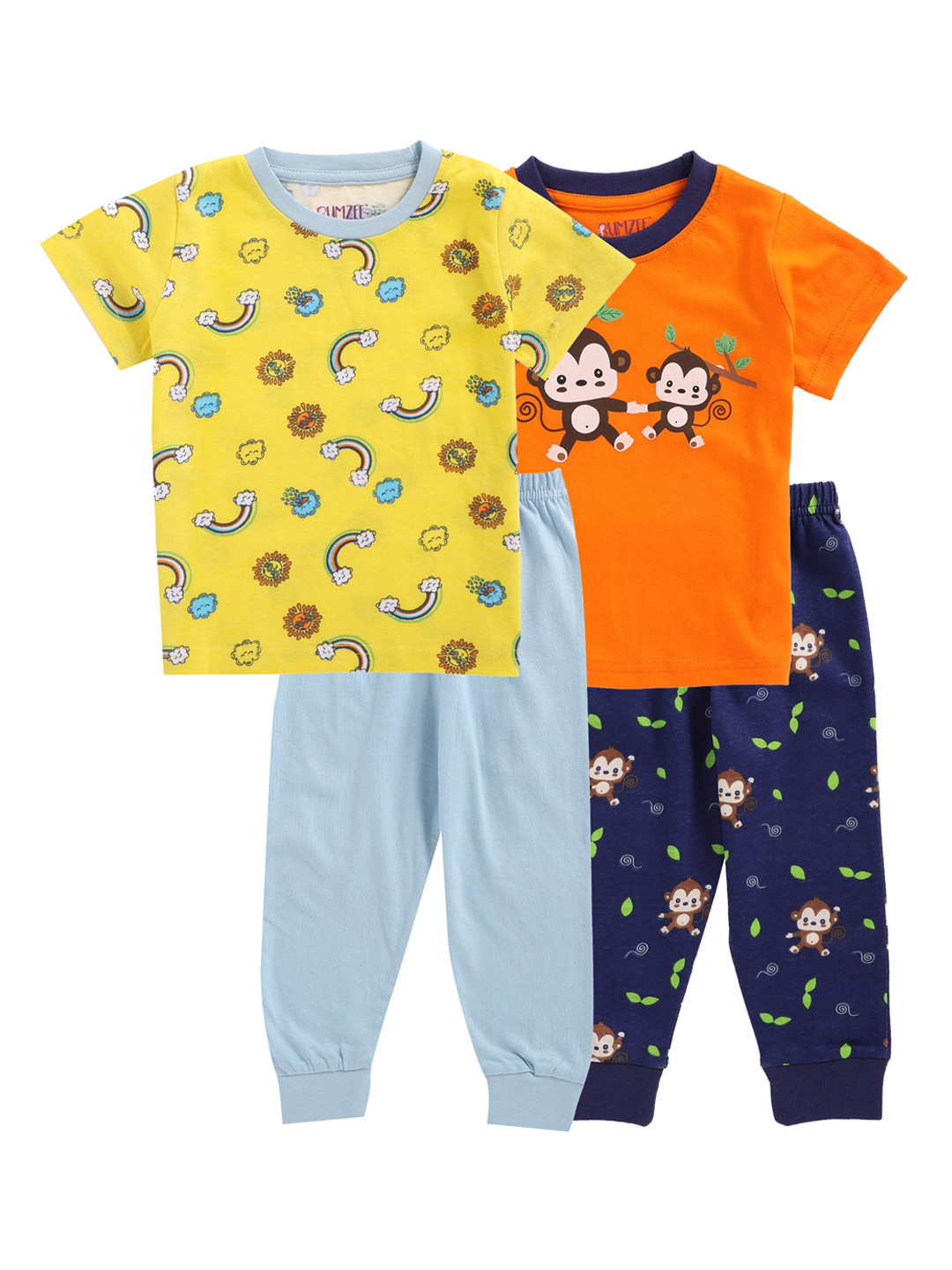 

BUMZEE Boys Pack Of 2 Orange & Yellow Printed Pure Cotton Night suit