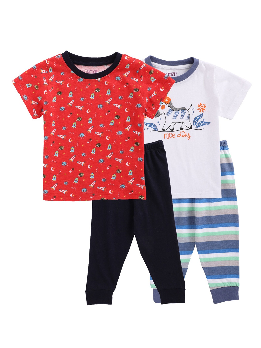 

BUMZEE Pack-2 Boys White & Red Cotton Printed Night suit