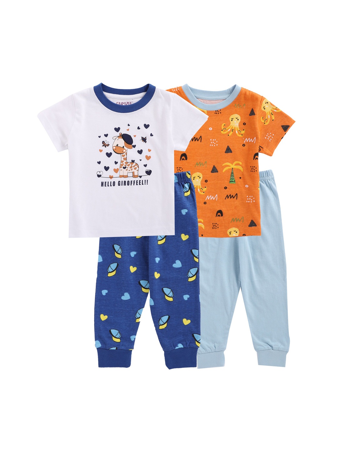

BUMZEE Boys Pack of 2 White & Orange Pure Cotton Printed Night suit