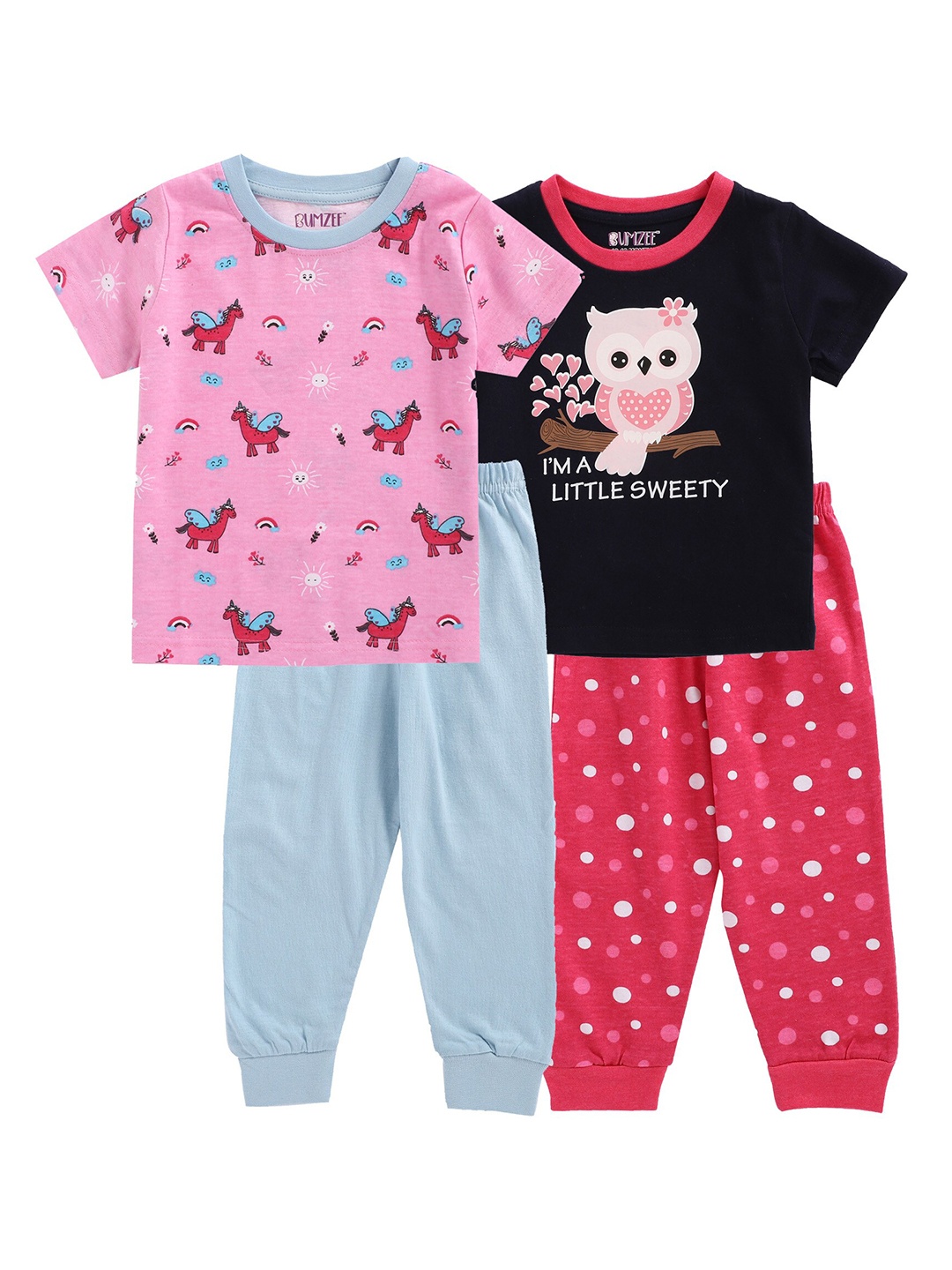 

BUMZEE Set Of 2 Girls Navy Blue & Pink Printed Night suit