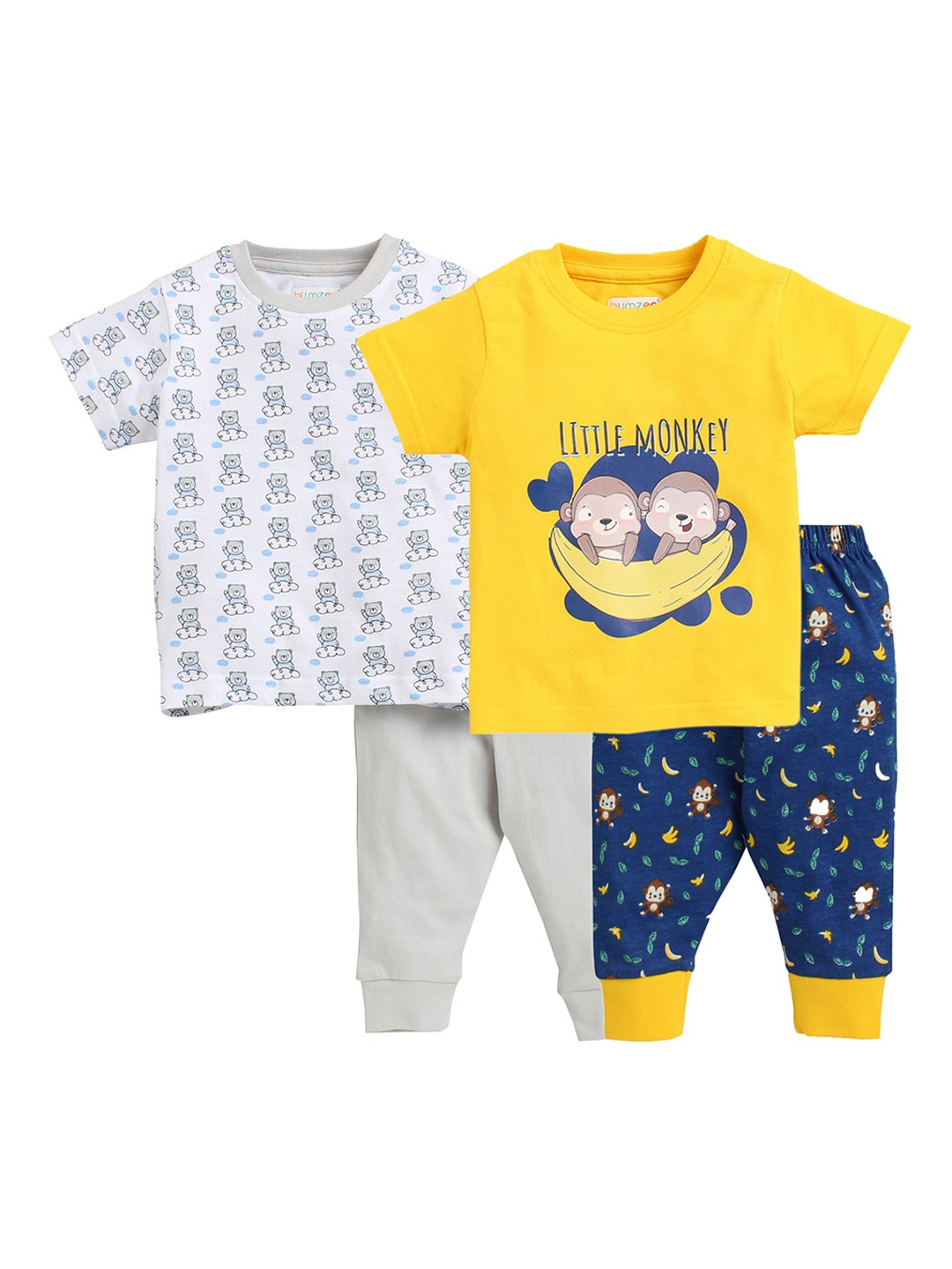 

BUMZEE Boys Pack Of 2 Pure Cotton Printed Night suit, Yellow