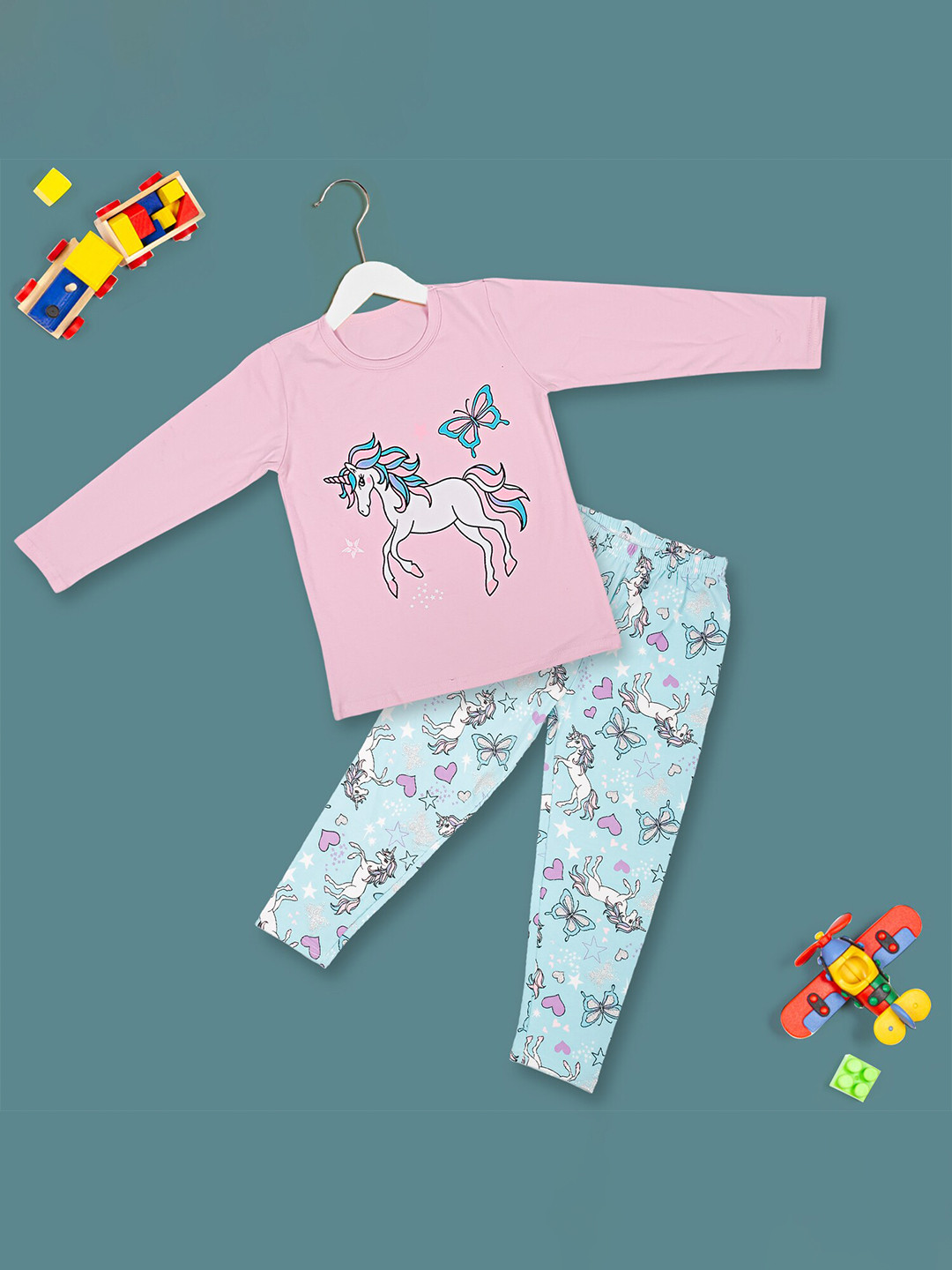 

Baby Moo Girls Pink & Blue Printed Pure Cotton Night suit