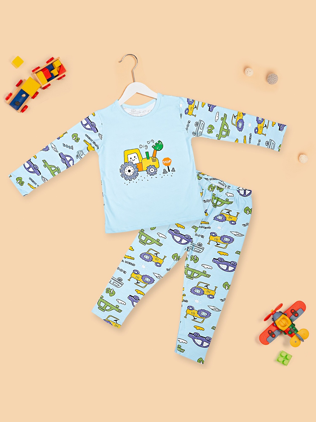 

Baby Moo Kids Blue & Green Pure Cotton Printed Night suit