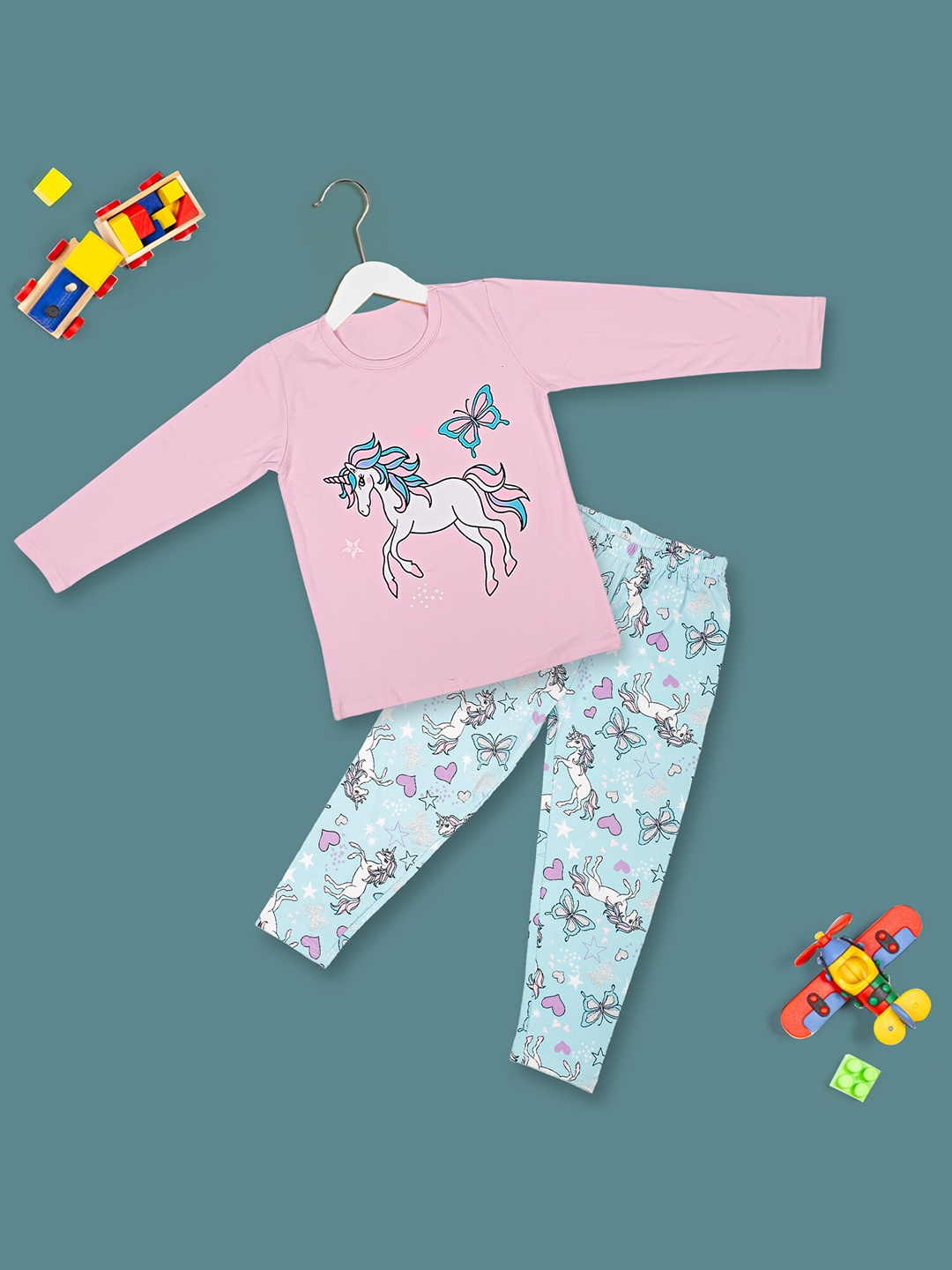 

Baby Moo Girls Pink & Blue Printed Pure Cotton T-shirt with Pyjamas