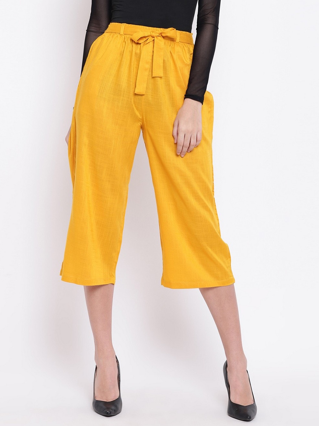 

RIVI Women Mustard Yellow Loose Fit Pleated Pure Cotton Culottes Trousers