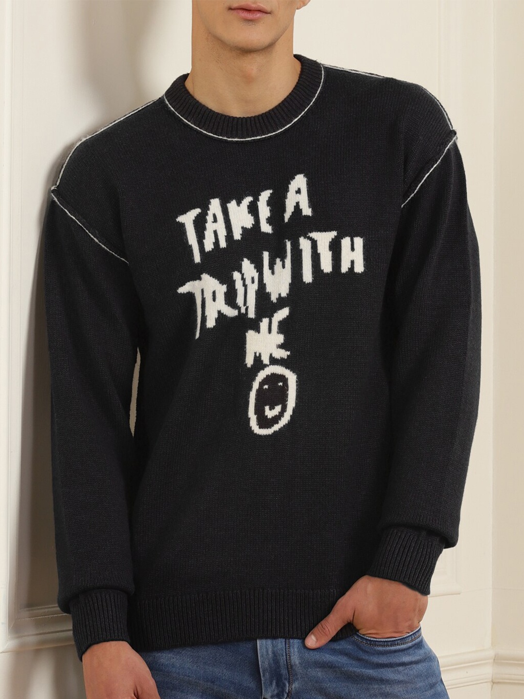

Ted Baker Men Black & Off White Typography Printed Pure Cotton Pullover