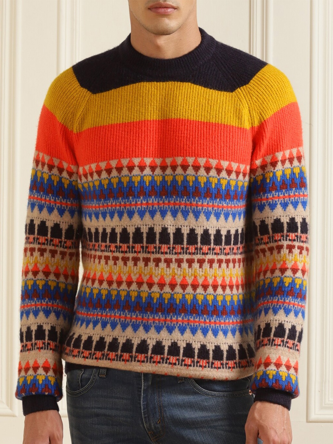 

Ted Baker Men Orange & Yellow Printed Pure Cotton Pullover