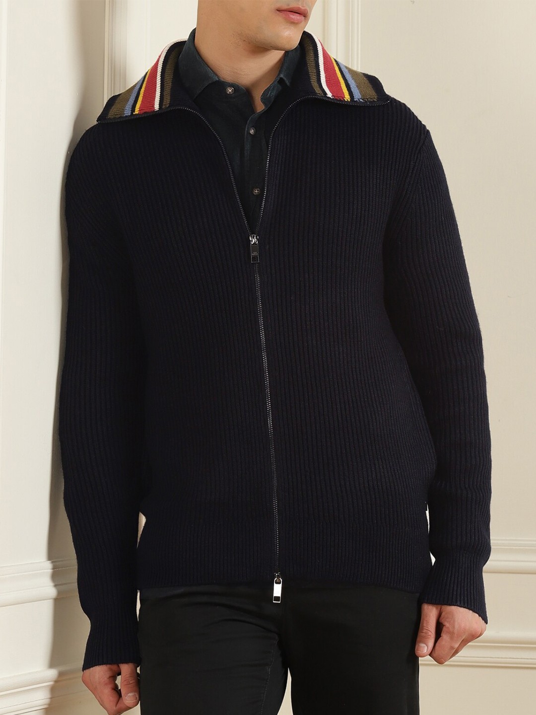 

Ted Baker Men Navy Blue Contrast Collar Cardigan